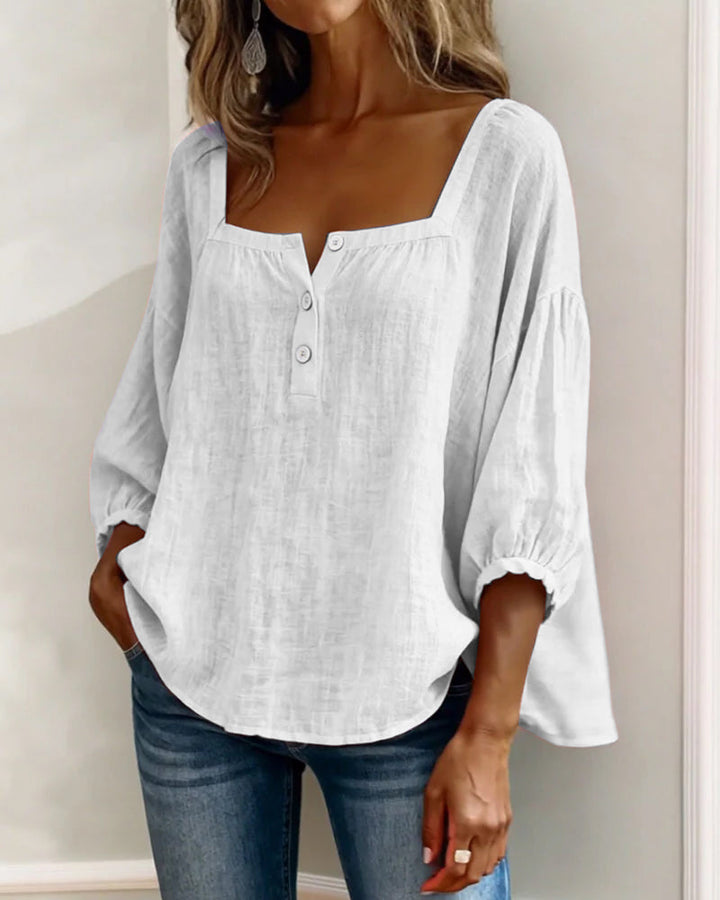 Lieke - Romantische Linnen Blouse Dames met Vierkante Hals en Pofmouwen