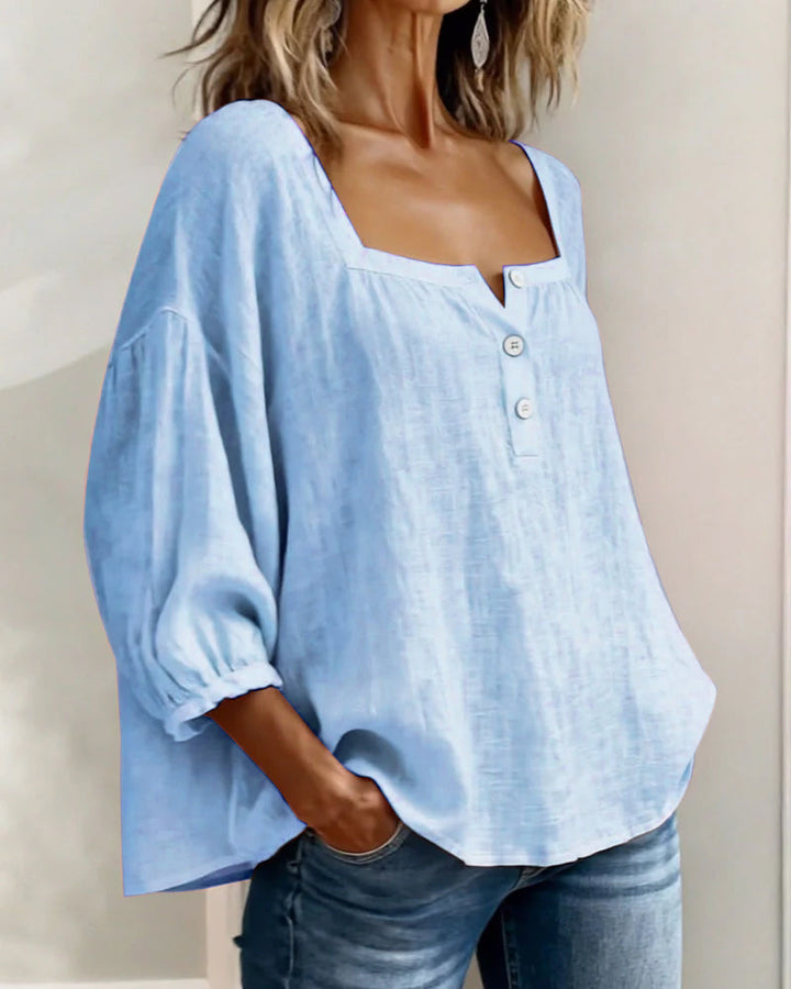 Lieke - Romantische Linnen Blouse Dames met Vierkante Hals en Pofmouwen