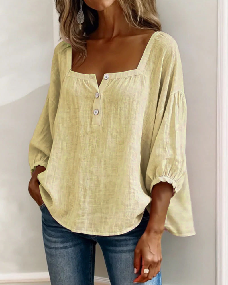 Lieke - Romantische Linnen Blouse Dames met Vierkante Hals en Pofmouwen