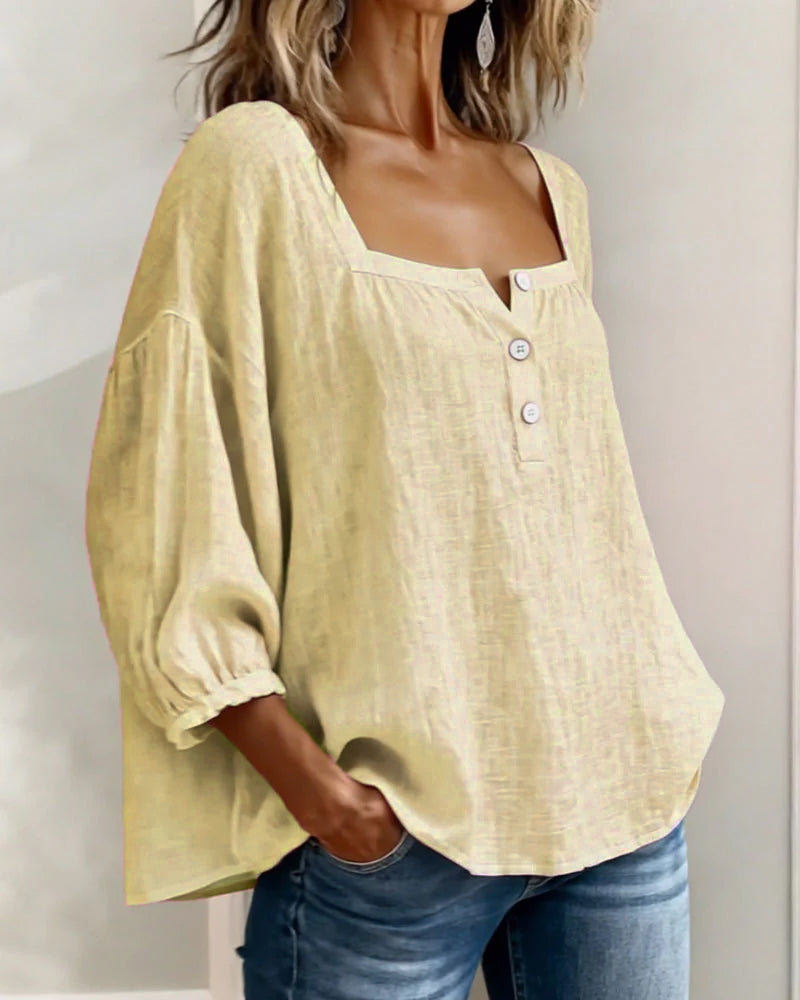 Lieke - Romantische Linnen Blouse Dames met Vierkante Hals en Pofmouwen