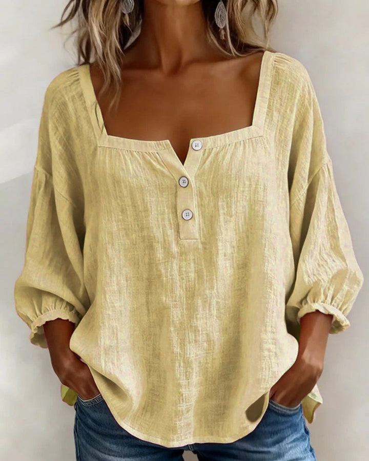 Lieke - Romantische Linnen Blouse Dames met Vierkante Hals en Pofmouwen