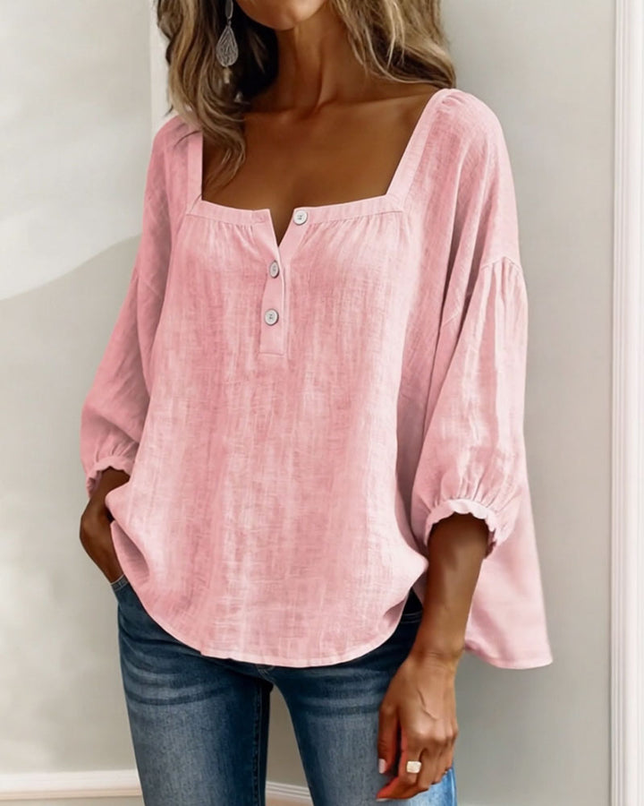 Lieke - Romantische Linnen Blouse Dames met Vierkante Hals en Pofmouwen