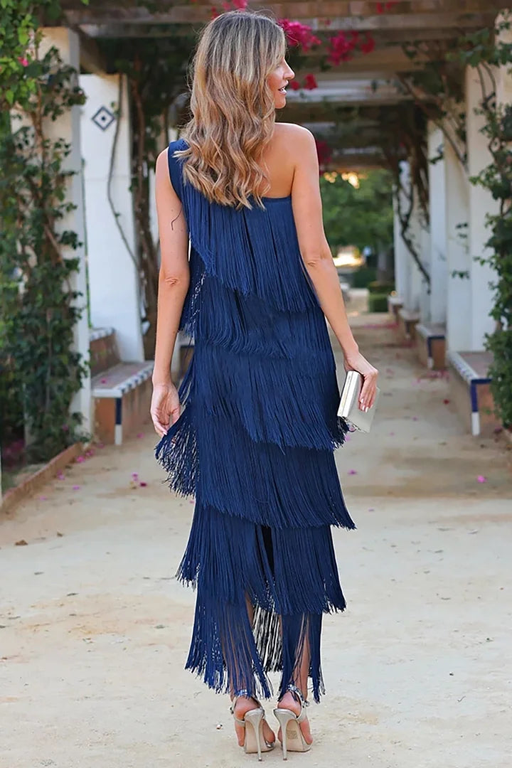 One Shoulder Fringe Jurk Met Franjes Voor Dames