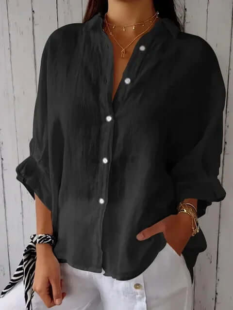 Dames Linnen Blouse Met Lange Mouwen En Losse Pasvorm