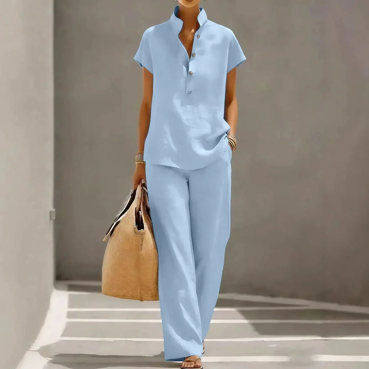Lotte - Elegante Linnen Set Dames met Korte Mouw Top en Wijde Broek