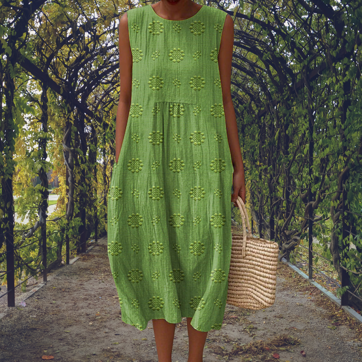 Lotte - Vintage Linnen Maxi Jurk Dames met Ronde Hals en Zakken