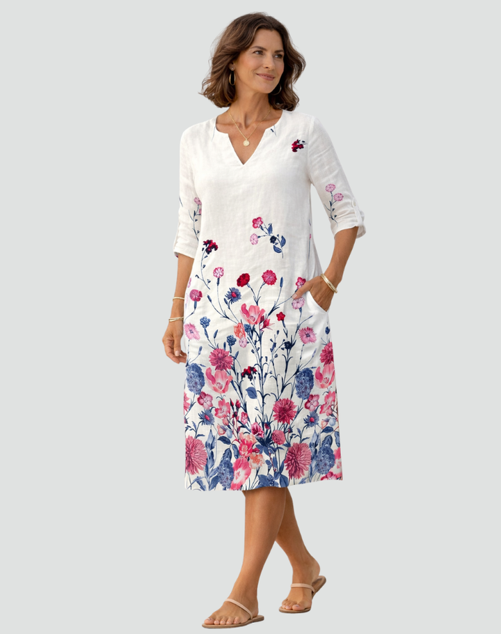 Bloemenprint Mini Jurk Met V Hals En Driekwart Mouwen