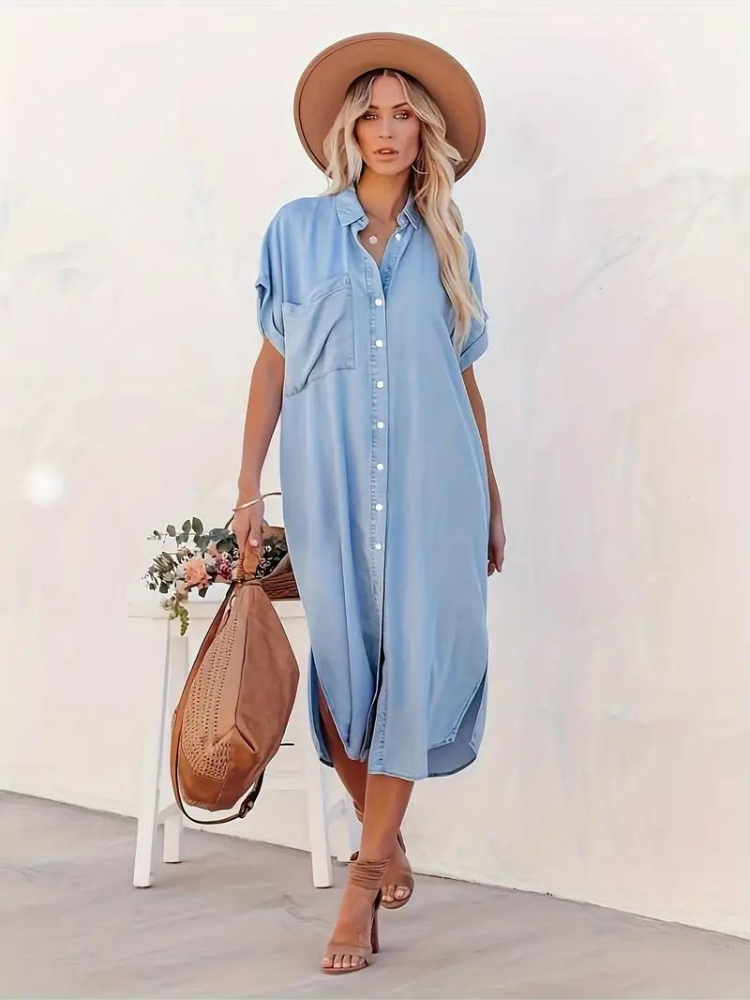 Oversized Midi Overhemdjurk Met Korte Mouwen Voor Dames