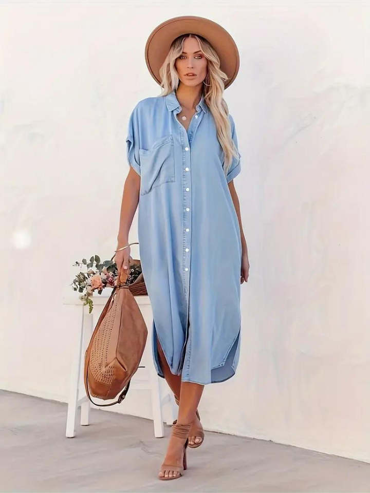 Oversized Midi Overhemdjurk Met Korte Mouwen Voor Dames