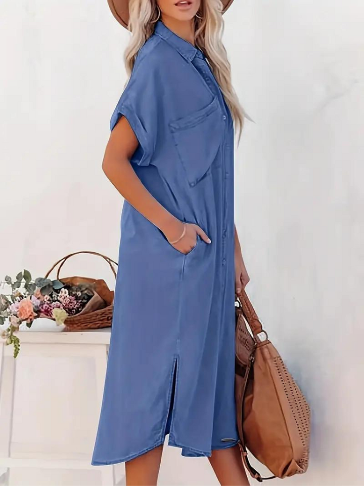 Oversized Midi Overhemdjurk Met Korte Mouwen Voor Dames