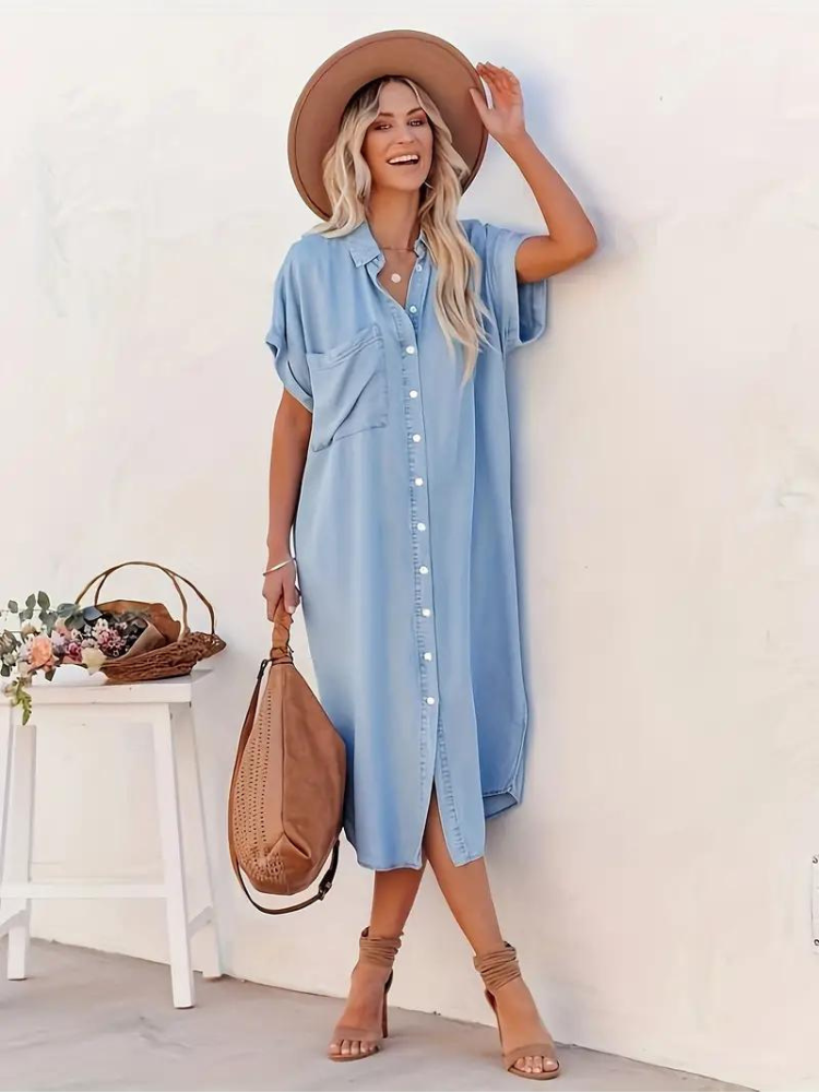Oversized Midi Overhemdjurk Met Korte Mouwen Voor Dames