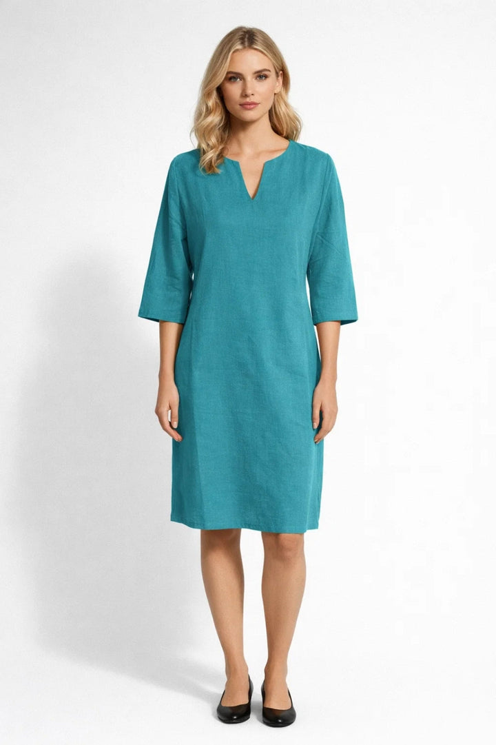 Midi Jurk Dames - Rechte Pasvorm met Split Hals | Casual