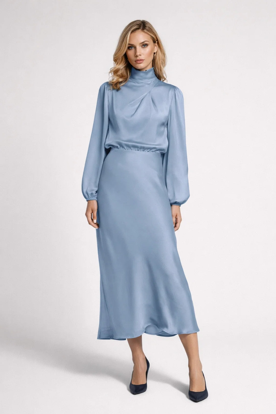 Midi Jurk Dames - Hoge Kraag met Lange Mouwen | Elegant