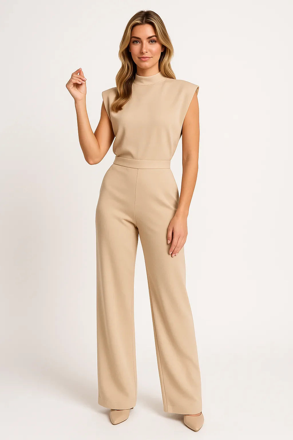 Mouwloze jumpsuit met luxe satijnlook en wijde pijpen