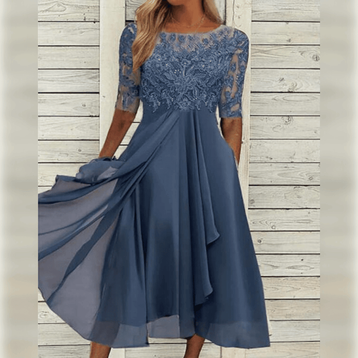 Dames elegante midi jurk met kant en comfortabele zwierige pasvorm