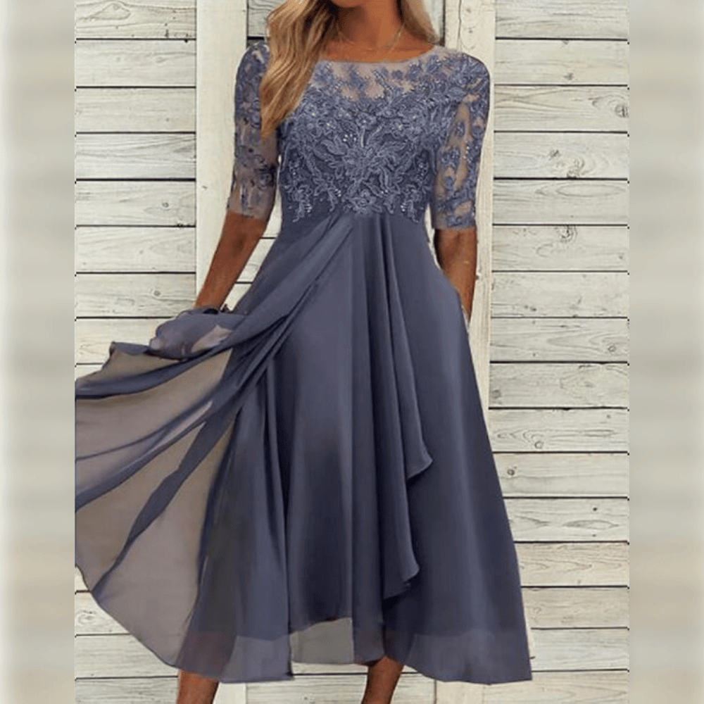 Dames elegante midi jurk met kant en comfortabele zwierige pasvorm