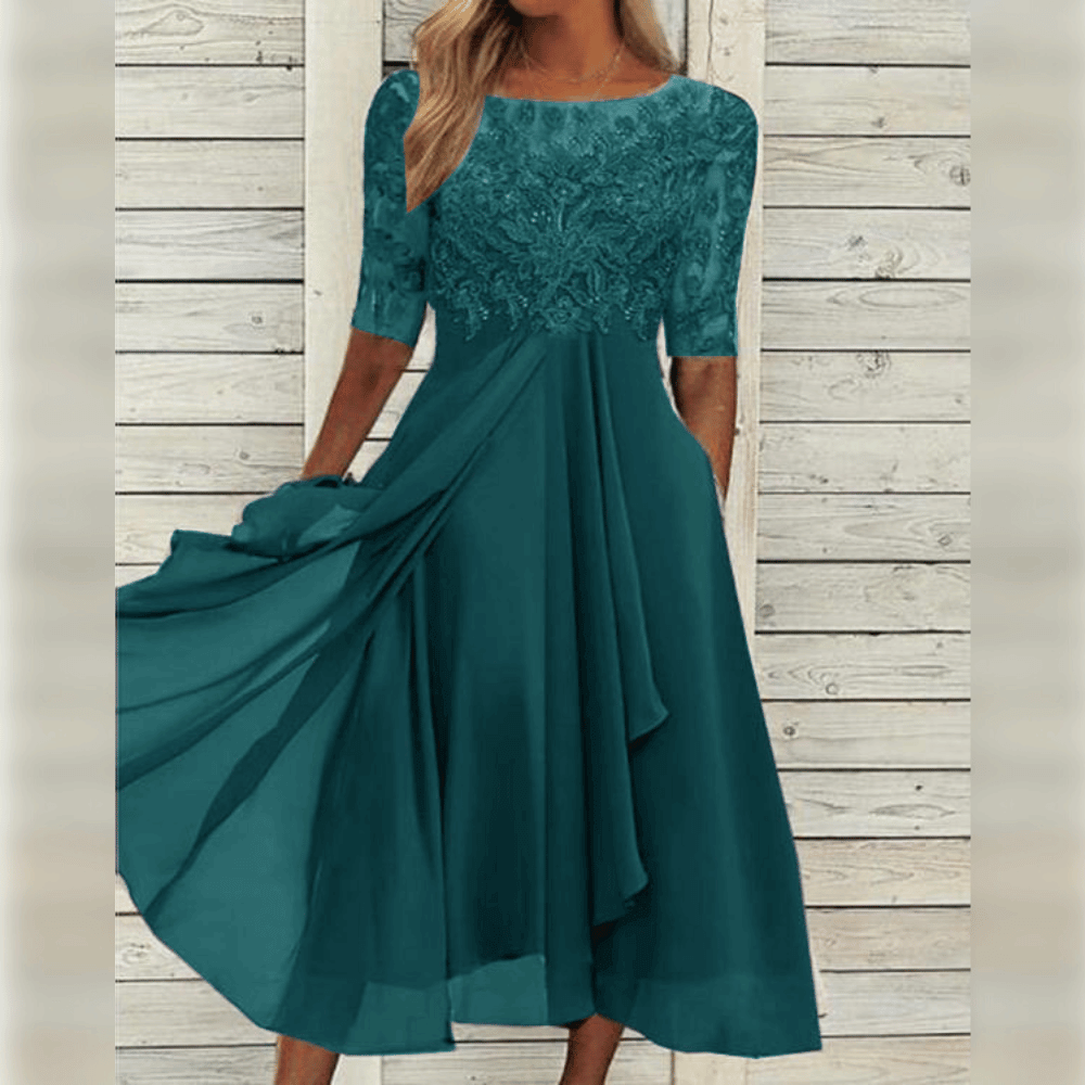 Dames elegante midi jurk met kant en comfortabele zwierige pasvorm