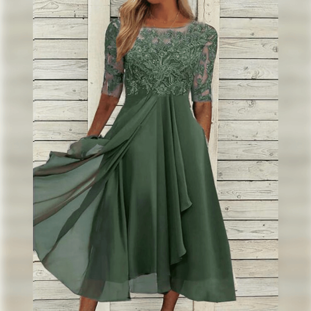 Dames elegante midi jurk met kant en comfortabele zwierige pasvorm