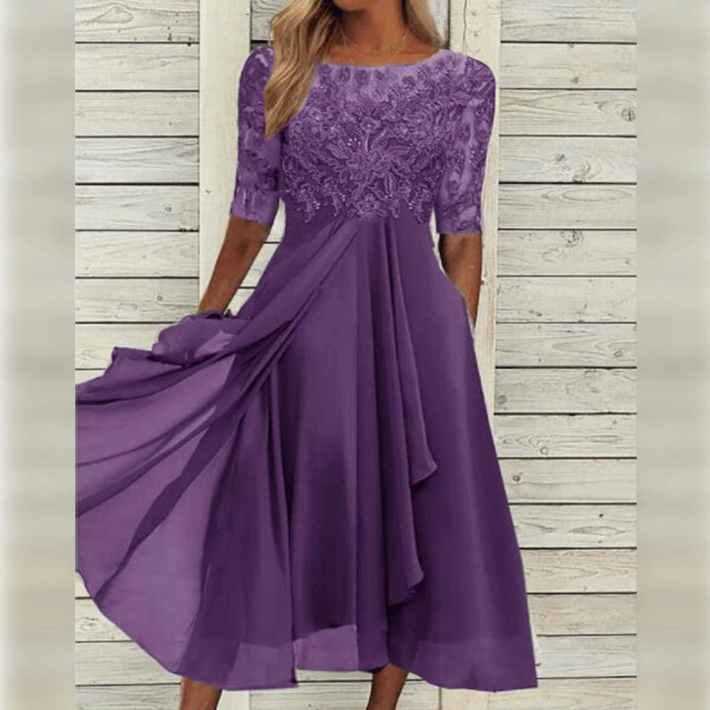 Dames elegante midi jurk met kant en comfortabele zwierige pasvorm