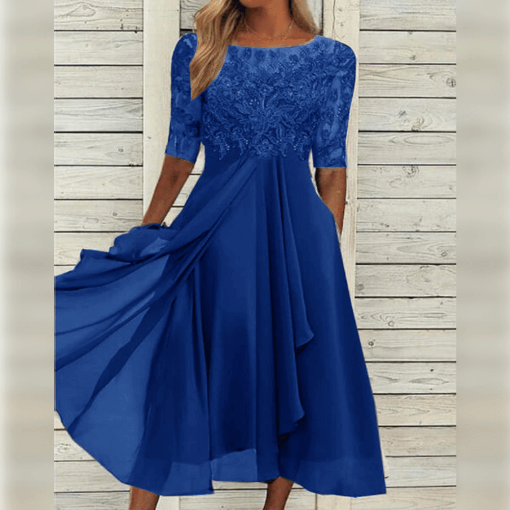 Dames elegante midi jurk met kant en comfortabele zwierige pasvorm