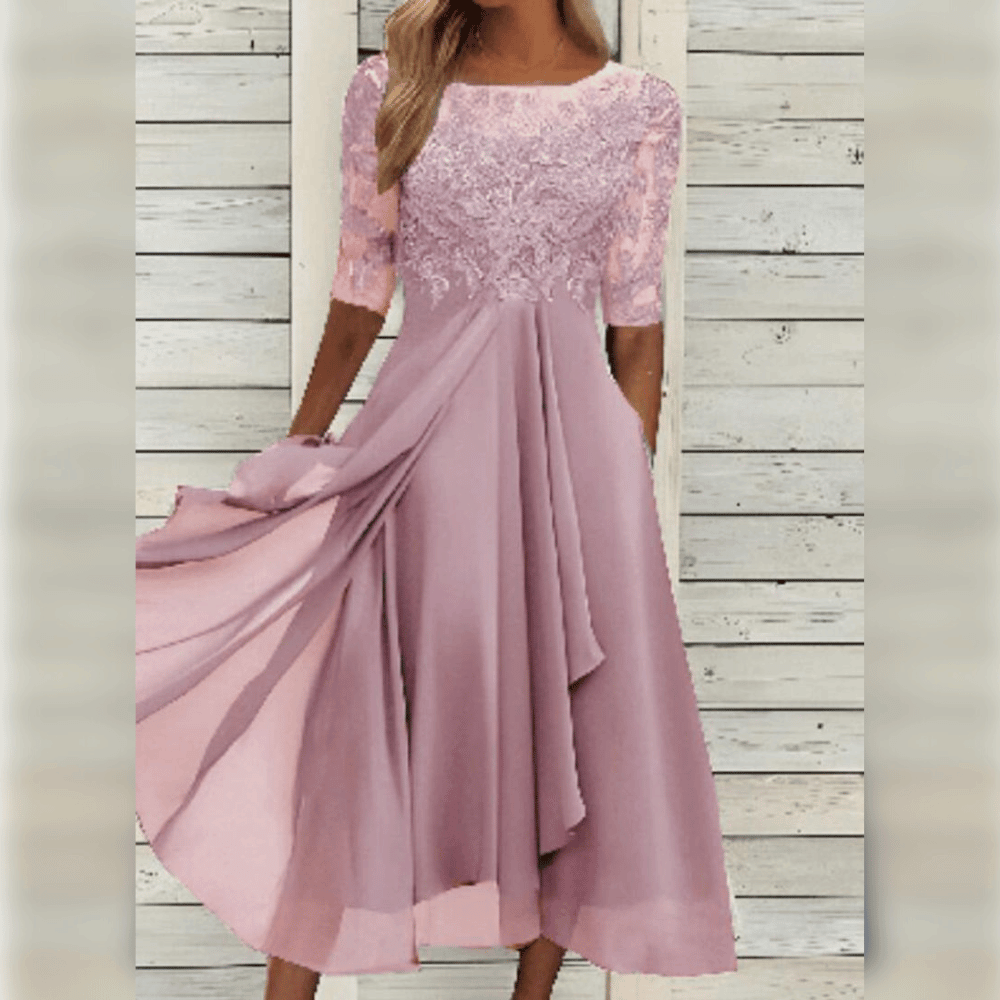 Dames elegante midi jurk met kant en comfortabele zwierige pasvorm