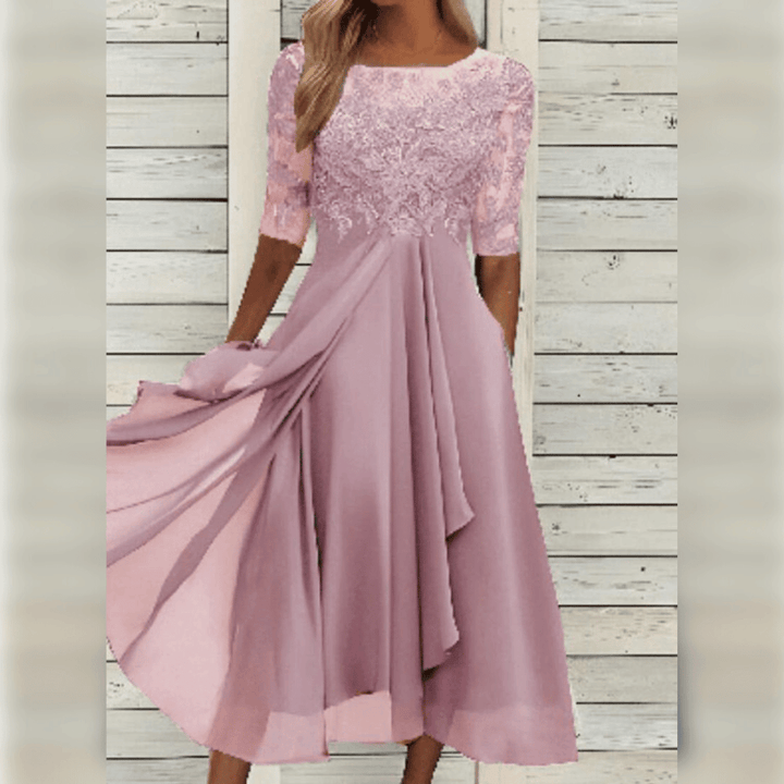 Dames elegante midi jurk met kant en comfortabele zwierige pasvorm