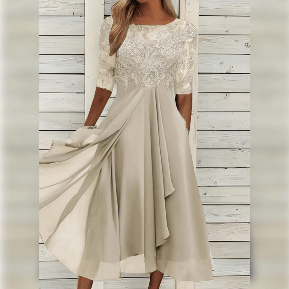 Dames elegante midi jurk met kant en comfortabele zwierige pasvorm