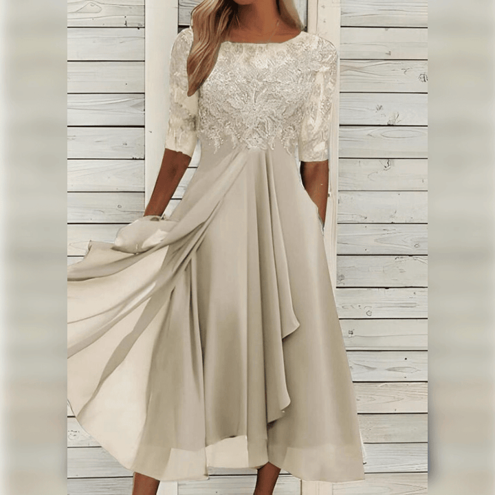 Dames elegante midi jurk met kant en comfortabele zwierige pasvorm