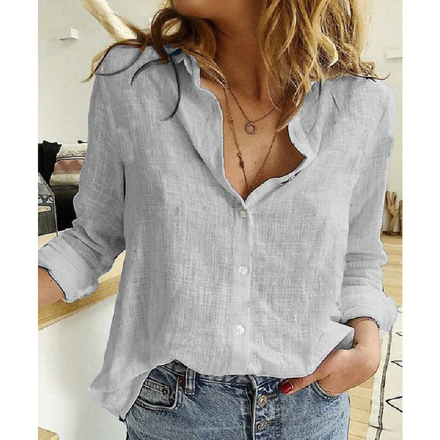 Casual Dames Linnen Blouse Met Lange Mouwen En Knoopsluiting