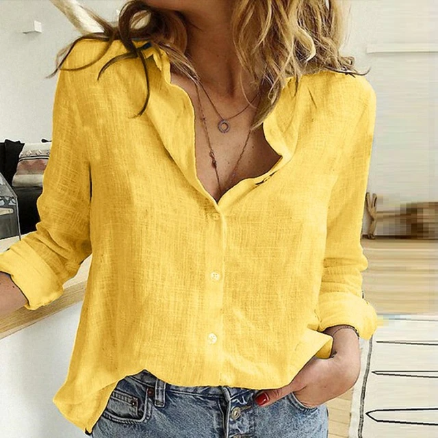 Casual Dames Linnen Blouse Met Lange Mouwen En Knoopsluiting