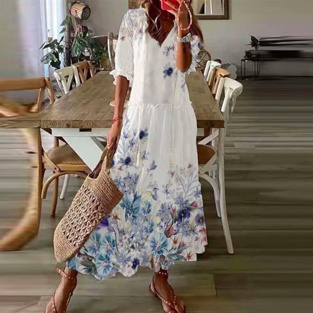 Boho Maxi Jurk Met Bloemenprint En V Hals