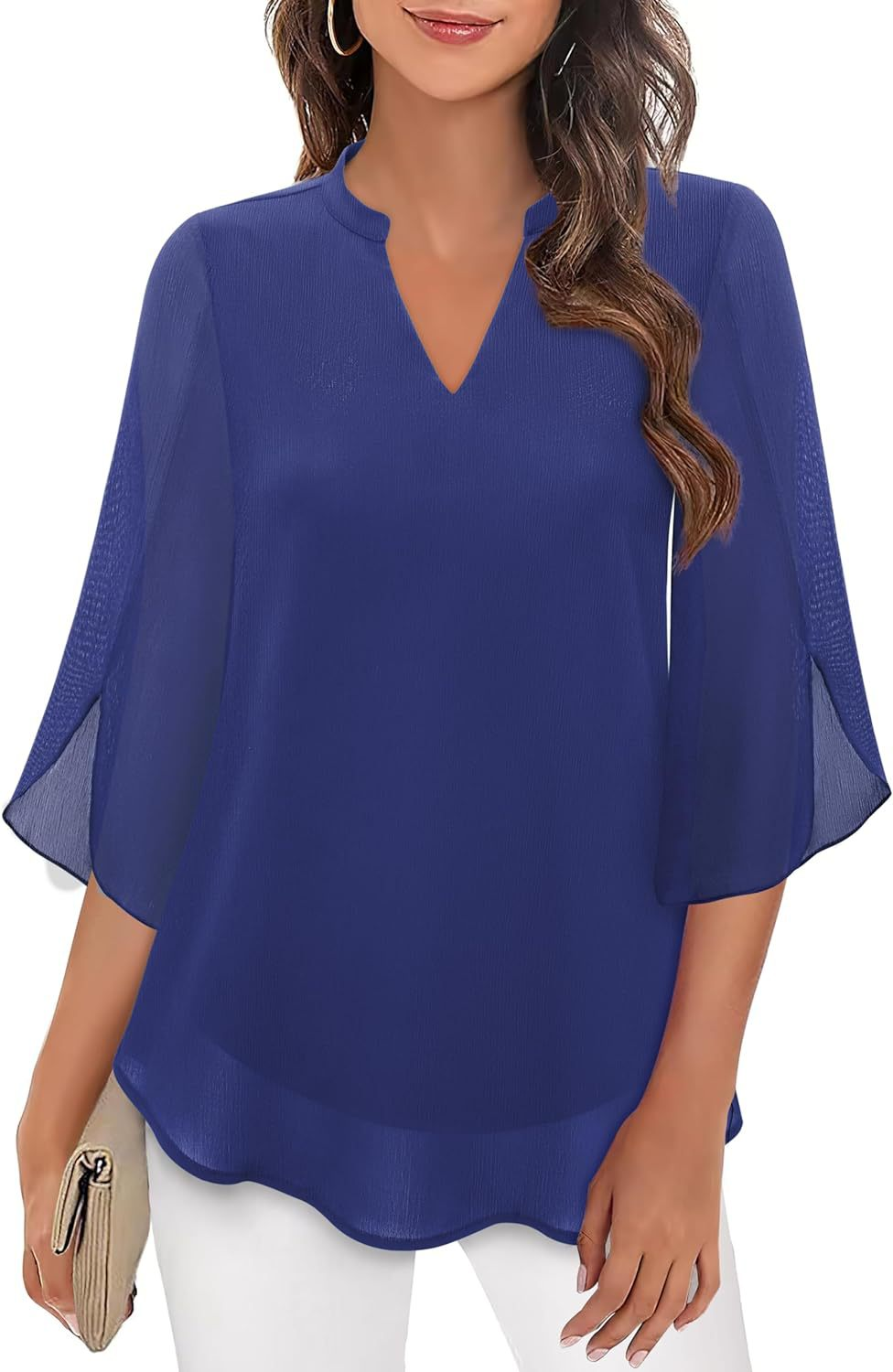 Luchtige Losvallende Blouse Dames met Splitnek en Driekwartmouwen