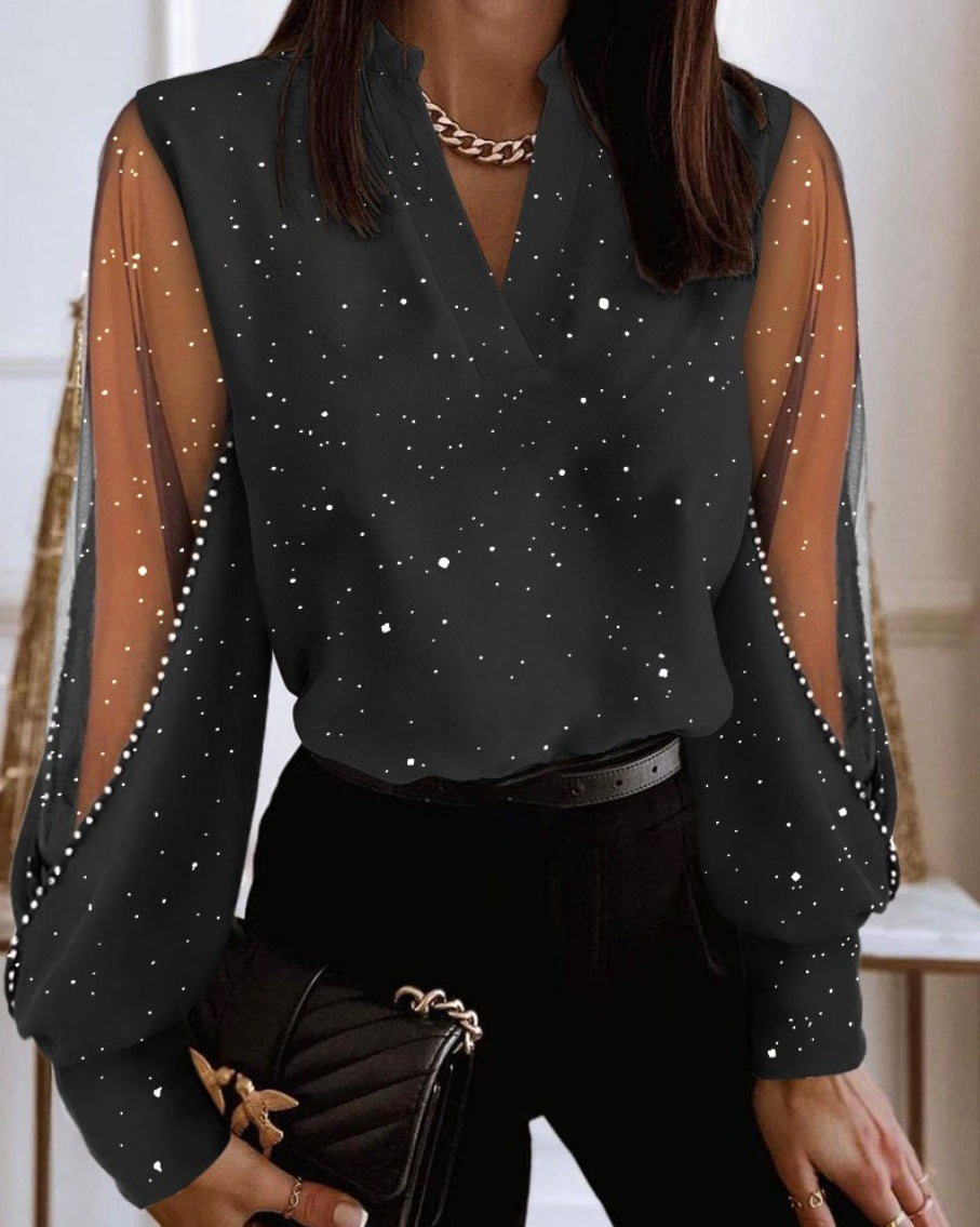 Elegante Dames Blouse Met V Hals Lange Mouwen Transparant Detail