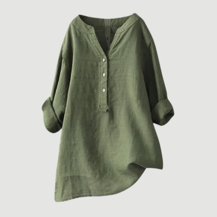 Luchtige Dames Tuniek Blouse Met V Hals En Knoopsluiting