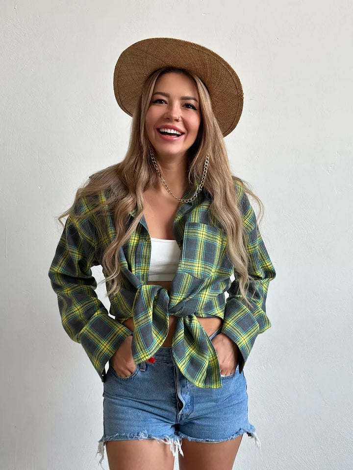 Geruite Oversized Blouse Met Borstzak Voor Dames