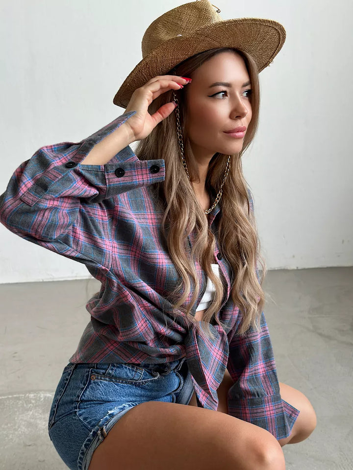 Geruite Oversized Blouse Met Borstzak Voor Dames