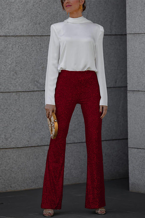 Dames Glitter Pailletten Flare Broek Met Elastische Taille