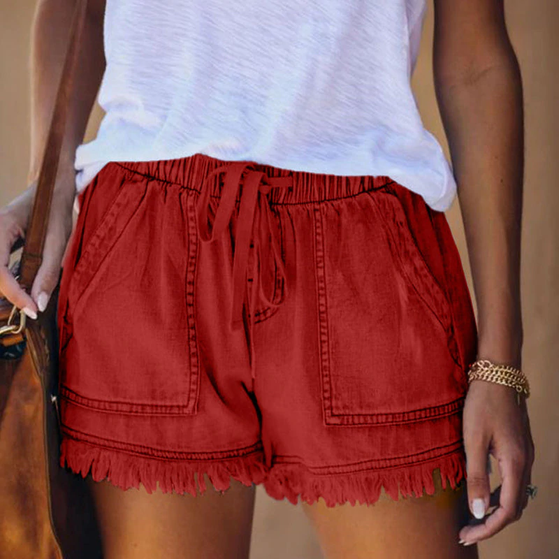 Comfortabele denim short met elastische tailleband en rafelranden