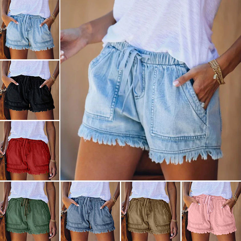 Comfortabele denim short met elastische tailleband en rafelranden