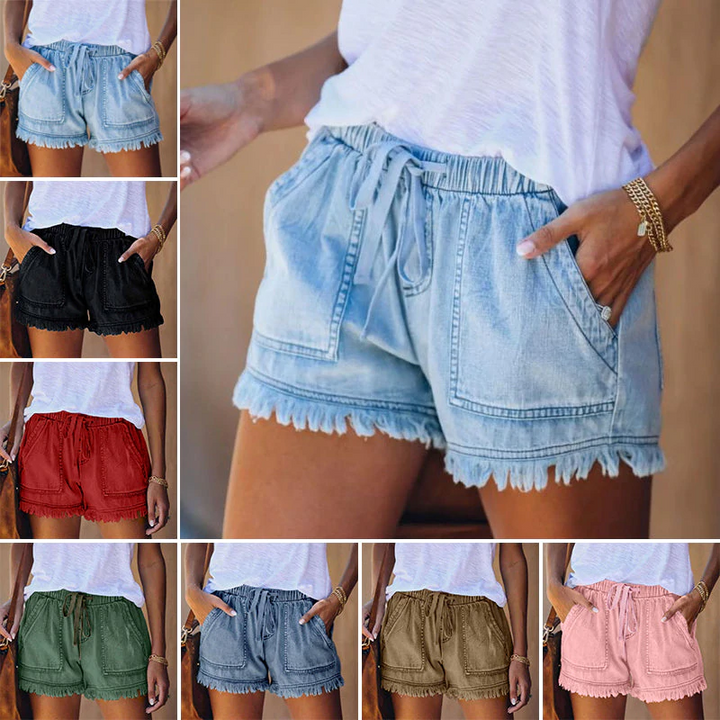 Comfortabele denim short met elastische tailleband en rafelranden