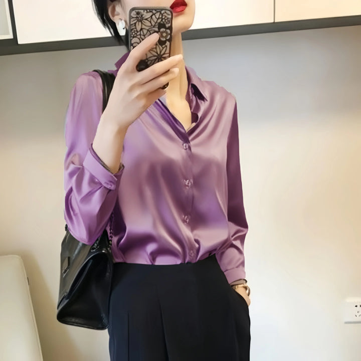 Satijnen Blouse Dames met Klassieke Kraag en Elegante Pasvorm