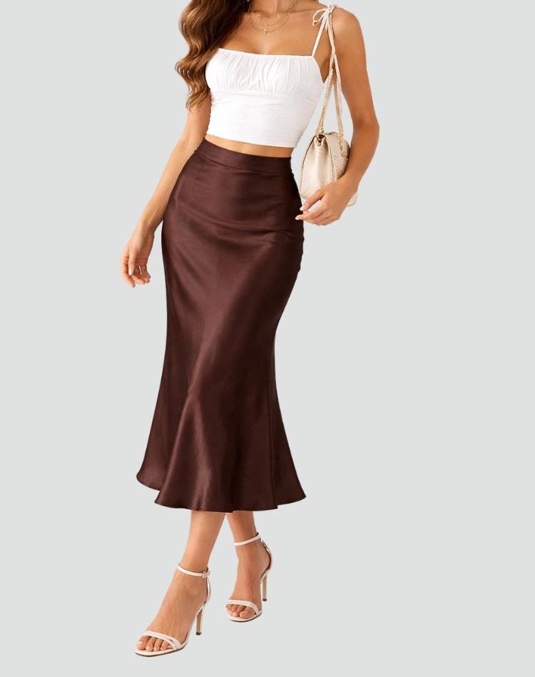 Elegante Satijn Look Midi Rok Met Hoge Taille En Soepele Valling