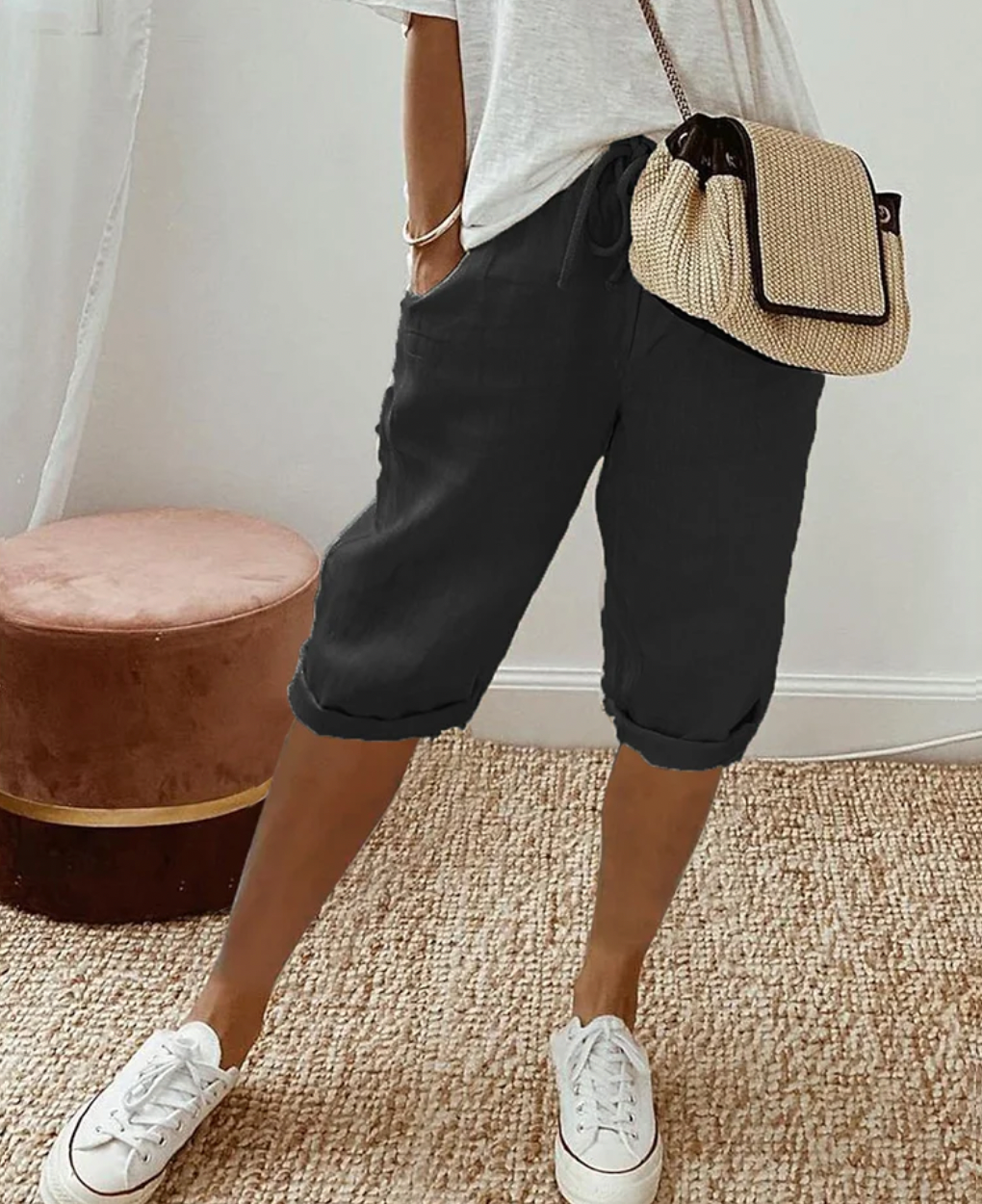 Zomerse Linnen Capri Broek Met Trekkoord Voor Dames