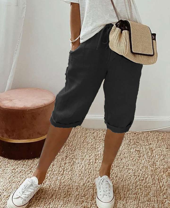 Zomerse Linnen Capri Broek Met Trekkoord Voor Dames
