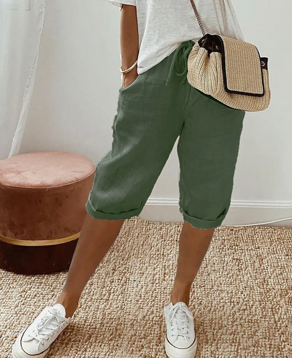 Zomerse Linnen Capri Broek Met Trekkoord Voor Dames