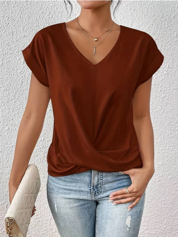 Casual Gedrapeerde V Hals Blouse Voor Dames Met Korte Mouwen