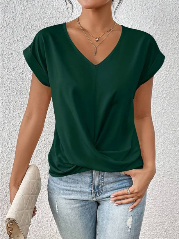 Casual Gedrapeerde V Hals Blouse Voor Dames Met Korte Mouwen