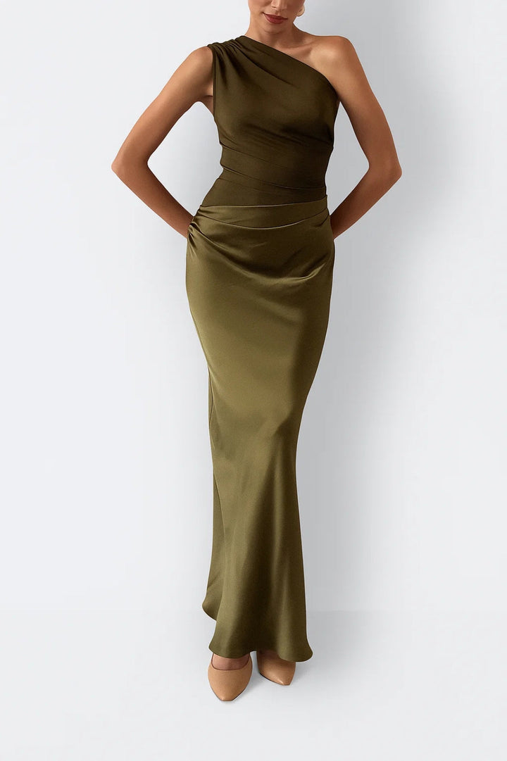 Maxi Jurk Dames - One Shoulder en Strakke Pasvorm | Geplooide Taille