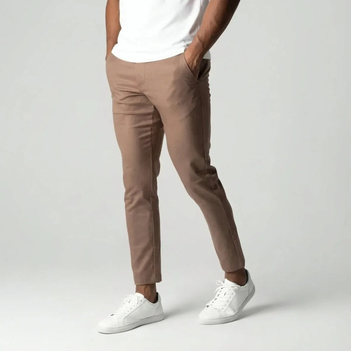 Slim fit lichtbruine stretch broek met elastische tailleband