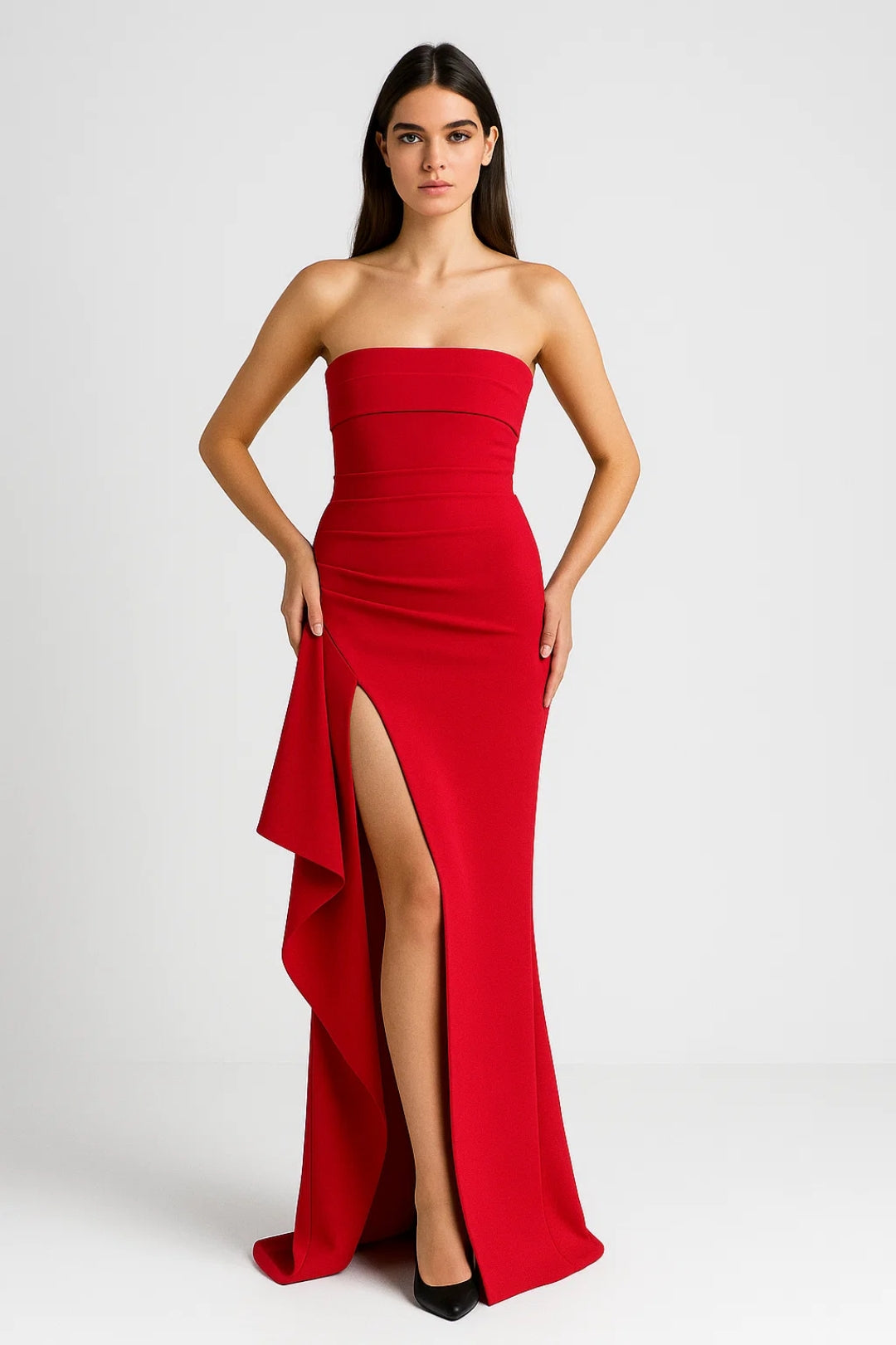 Maxi Jurk Dames - Strapless met Hoge Split en Drapering | Elegant